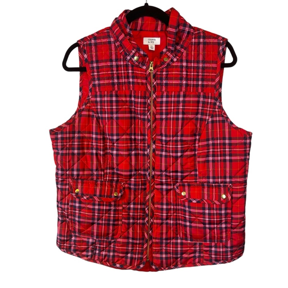 Crown & Ivy Size XL Red Plaid Quilted Vest with Gold Accents
